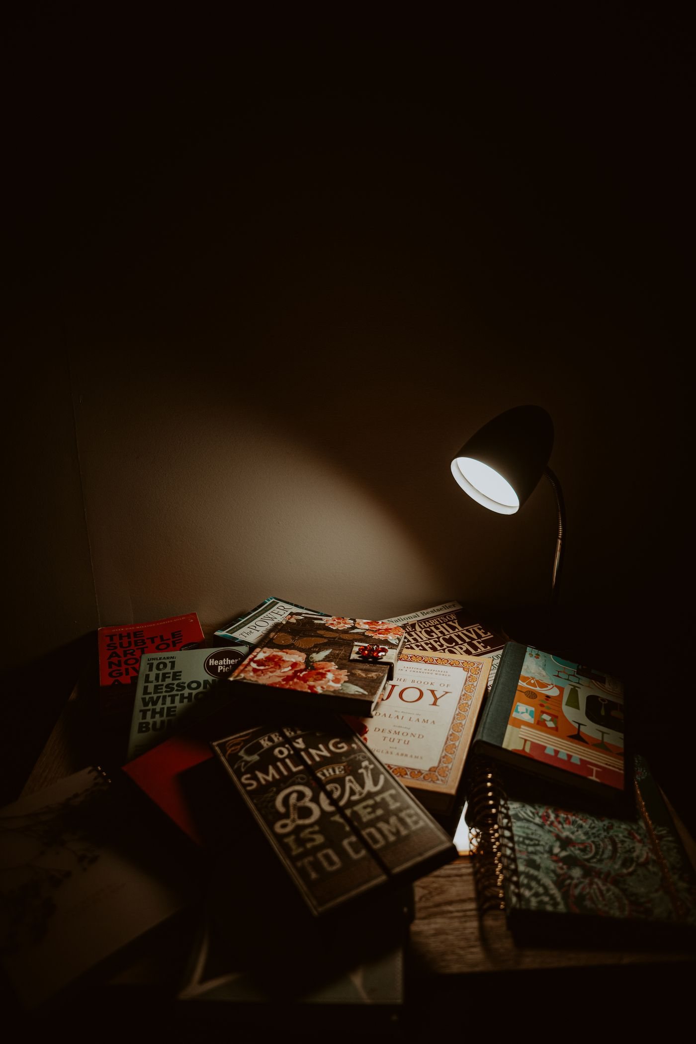 Books beside a warm reading lamp